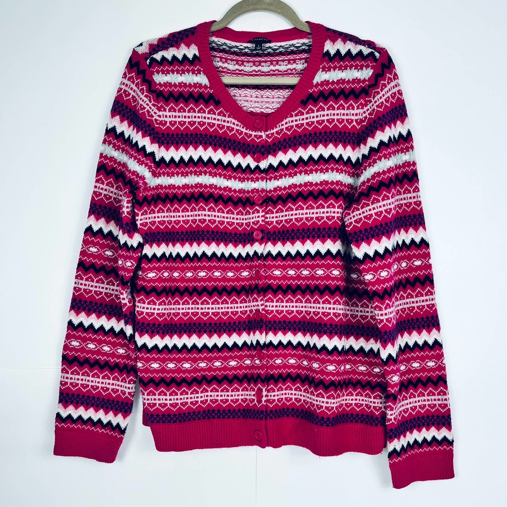 Talbots Women Large Lambswool Blend Cardigan Sweater Fair Isle Pink White